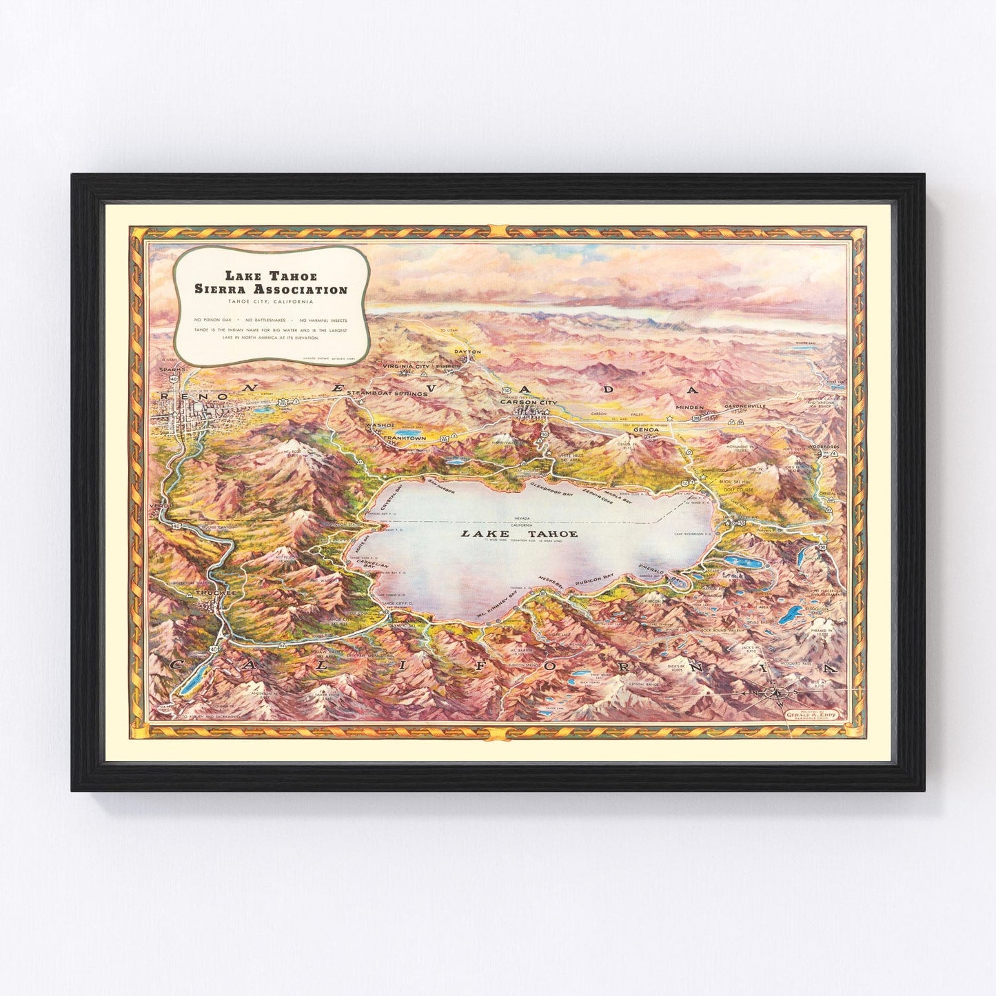 Vintage map of Lake Tahoe, California, 1945