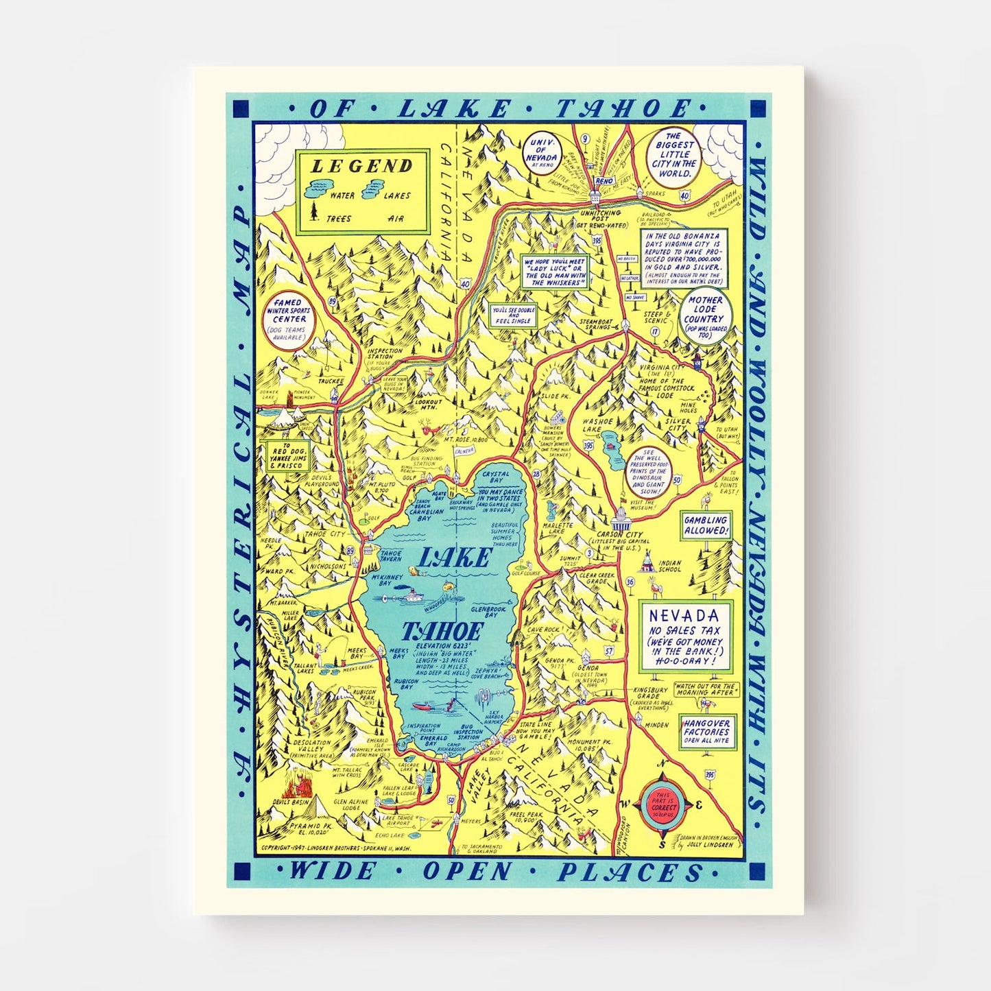 Vintage Map of Lake Tahoe, California, 1947