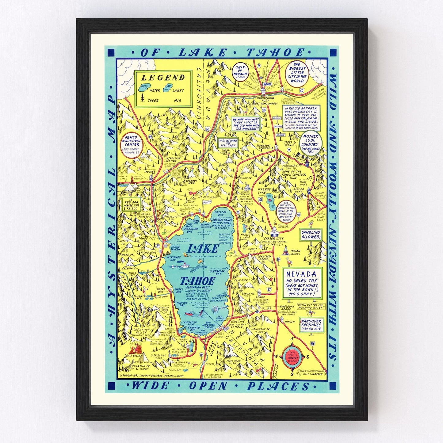 Vintage map of Lake Tahoe, California, 1947