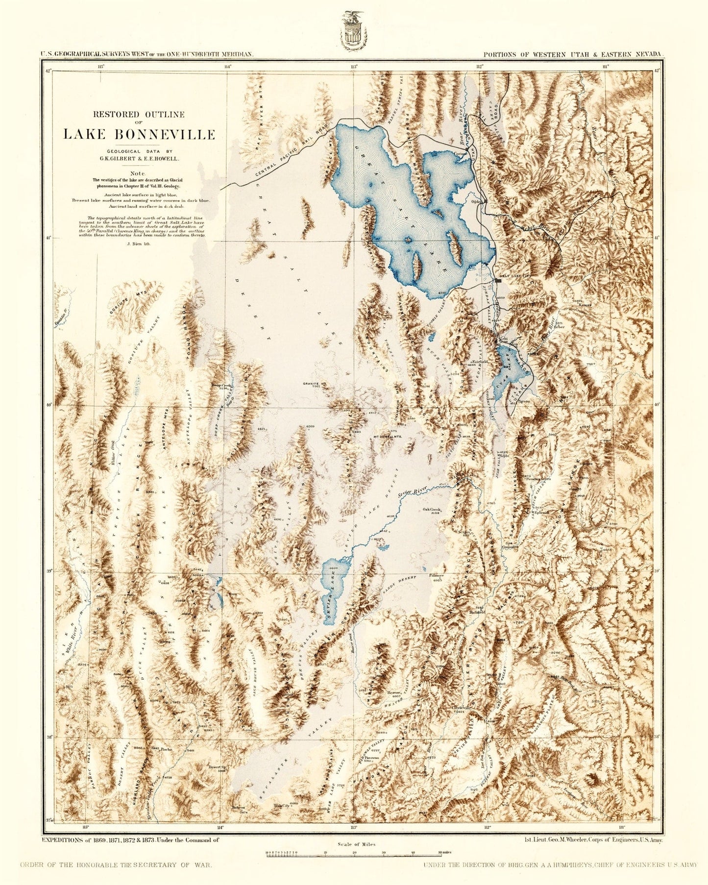 Vintage Map of Lake Bonneville, Utah, 1877