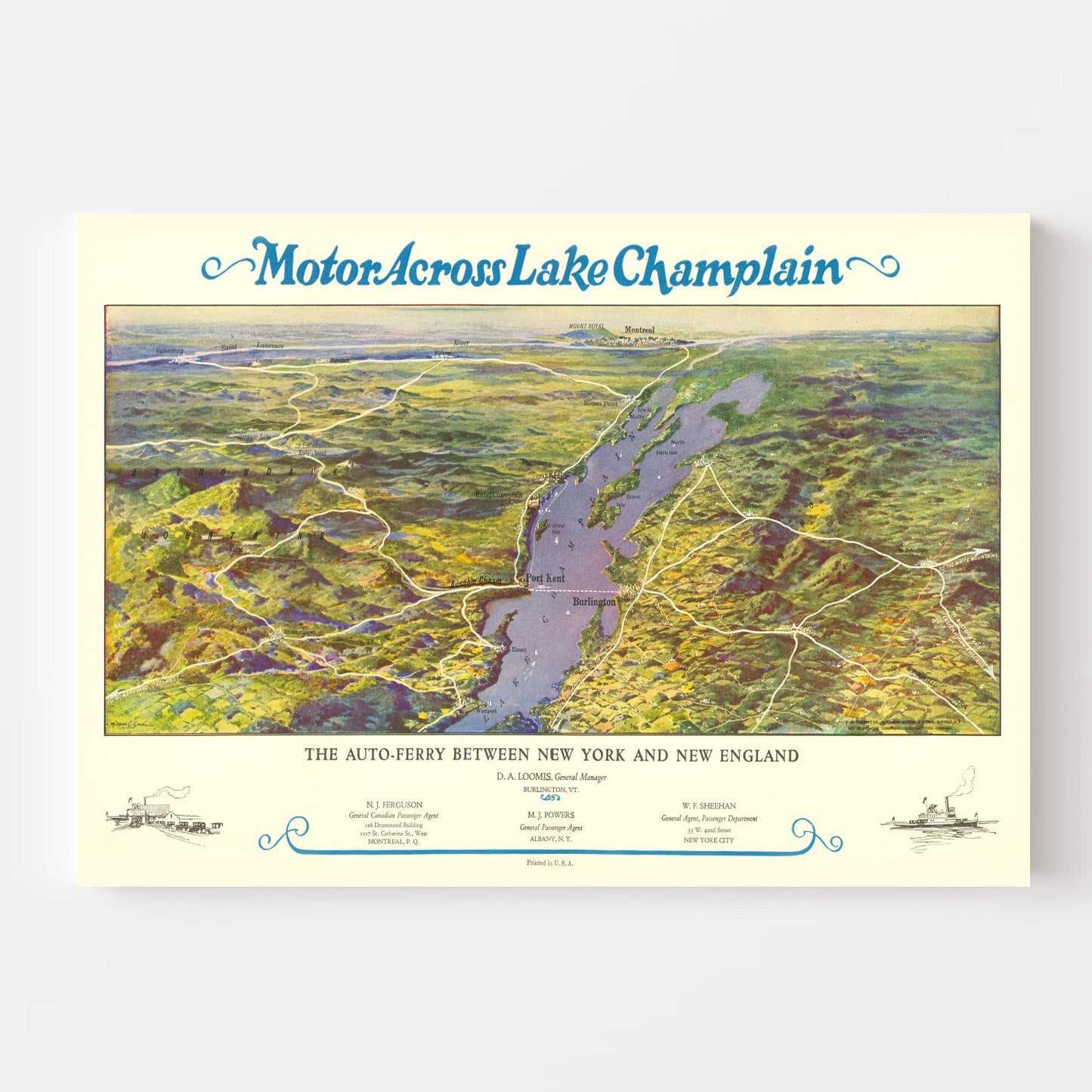 Vintage Map of Lake Champlain, New York, 1932