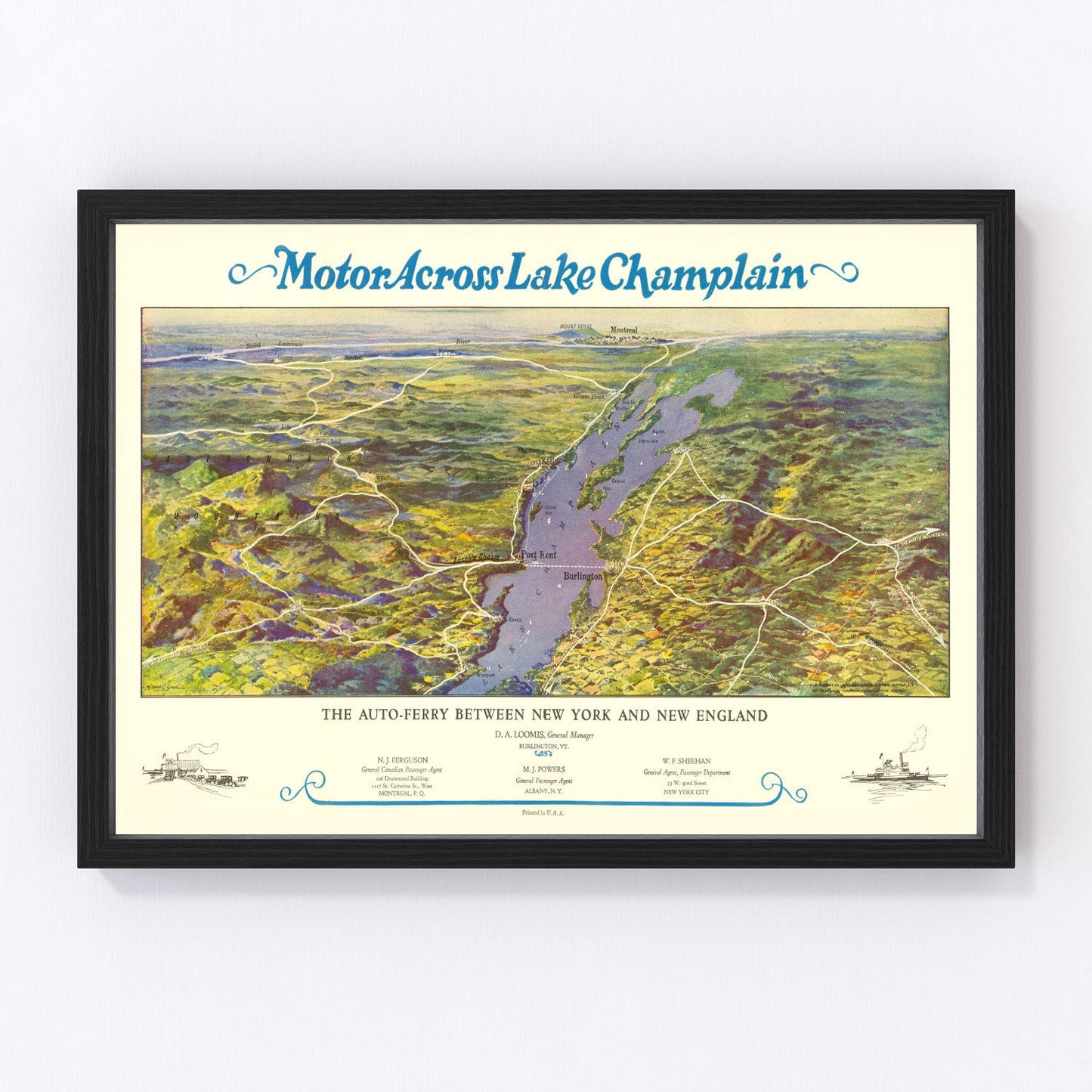 vintage map of Lake Champlain, New York, 1932