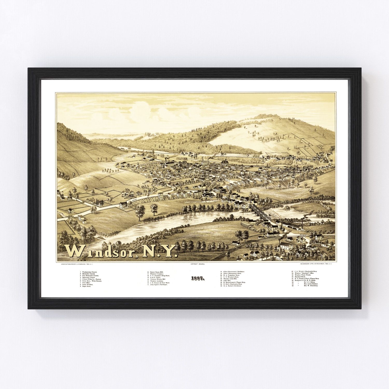 Vintage map of Windsor, New York, 1887, Broome County restored wall art