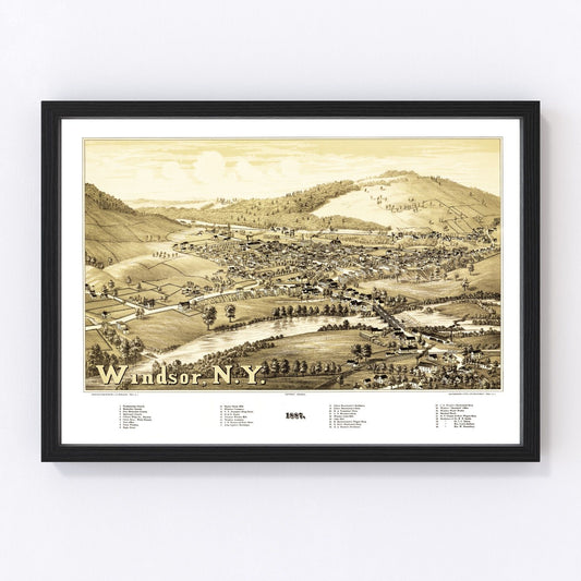 Vintage map of Windsor, New York, 1887, Broome County restored wall art