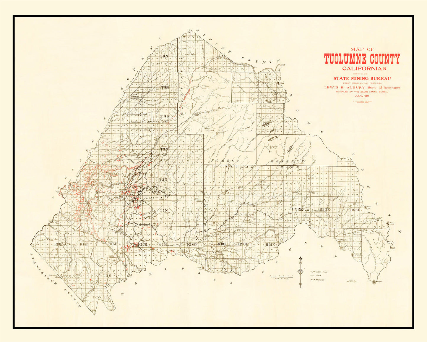 Vintage Map of Tuolumne County, California, 1904