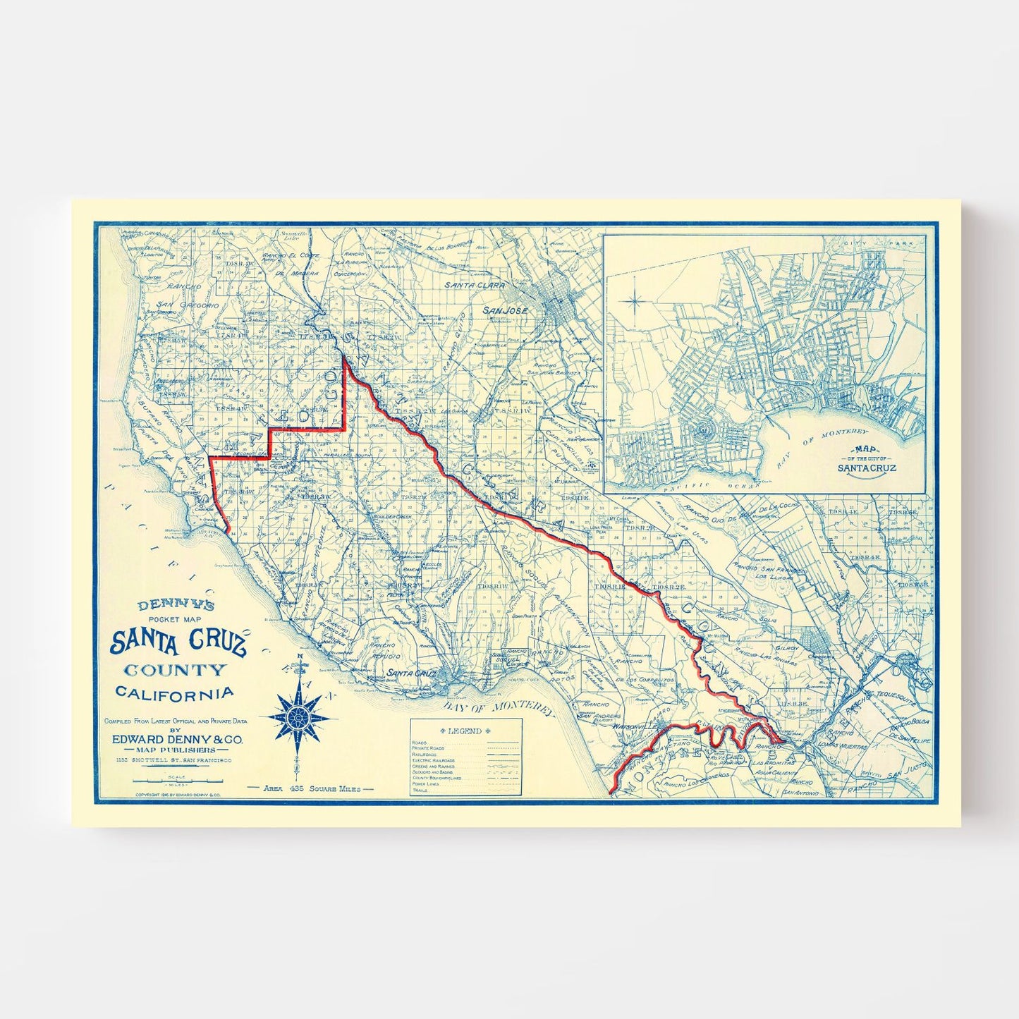 Vintage Map of Santa Cruz County, California, 1916