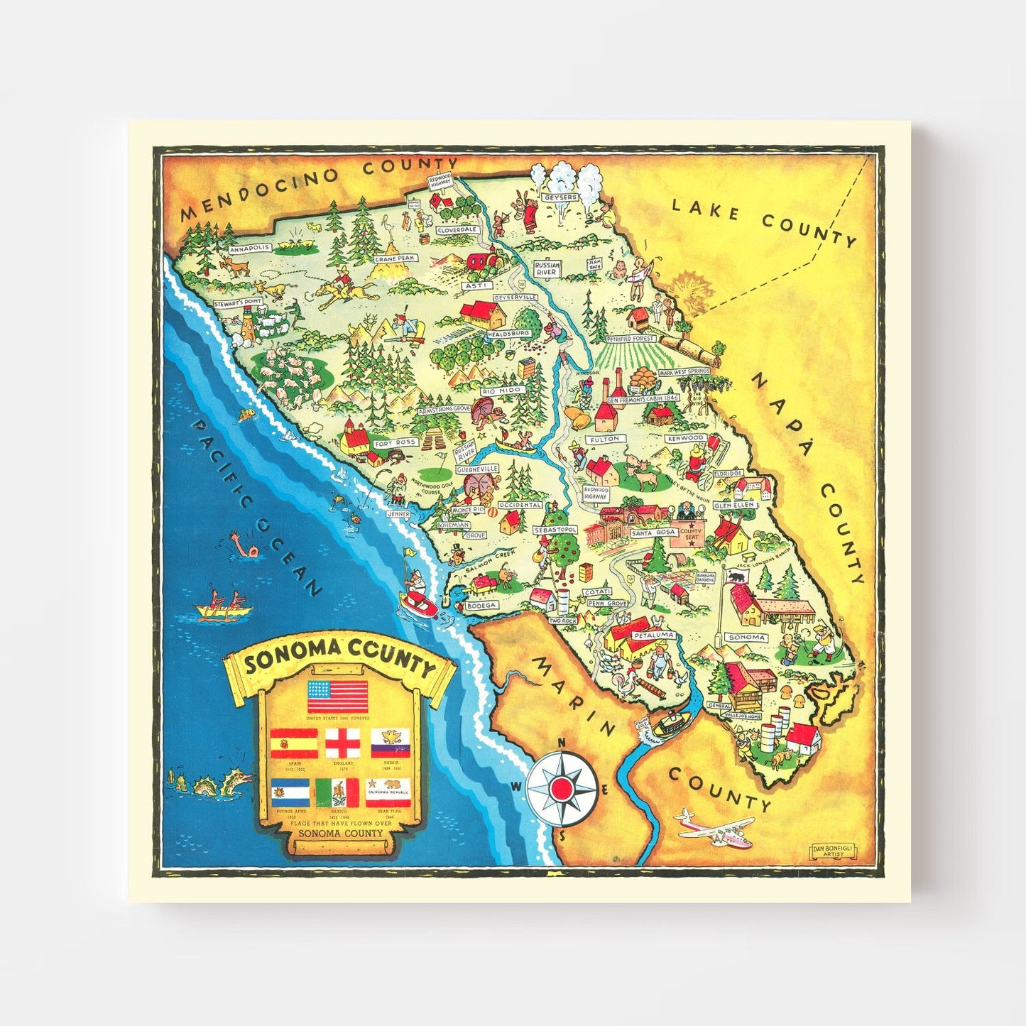 Vintage Map of Sonoma County, California, 1945