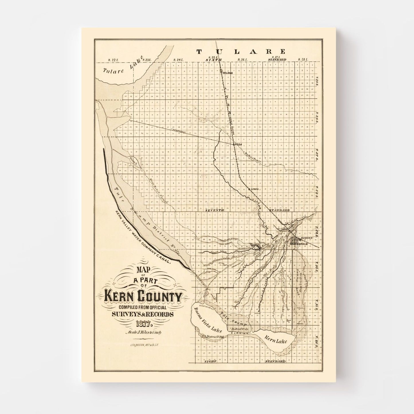 Vintage Map of Kern County, California, 1877
