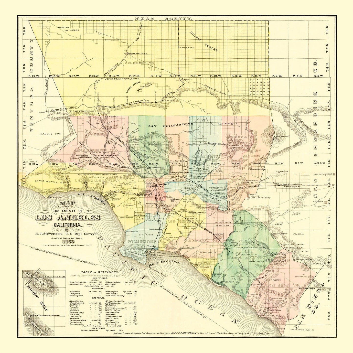 Vintage Map of Los Angeles County, California, 1880