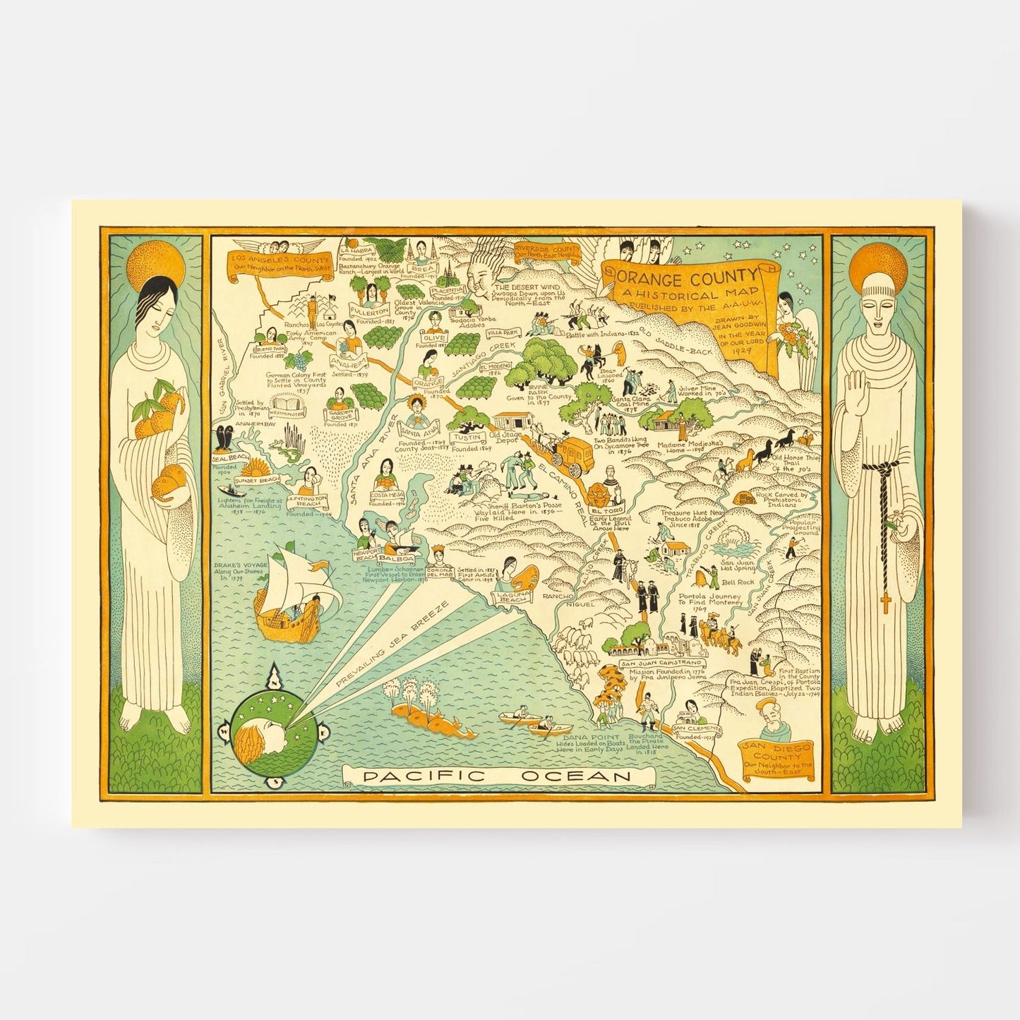 Vintage Map of Orange County, California, 1929