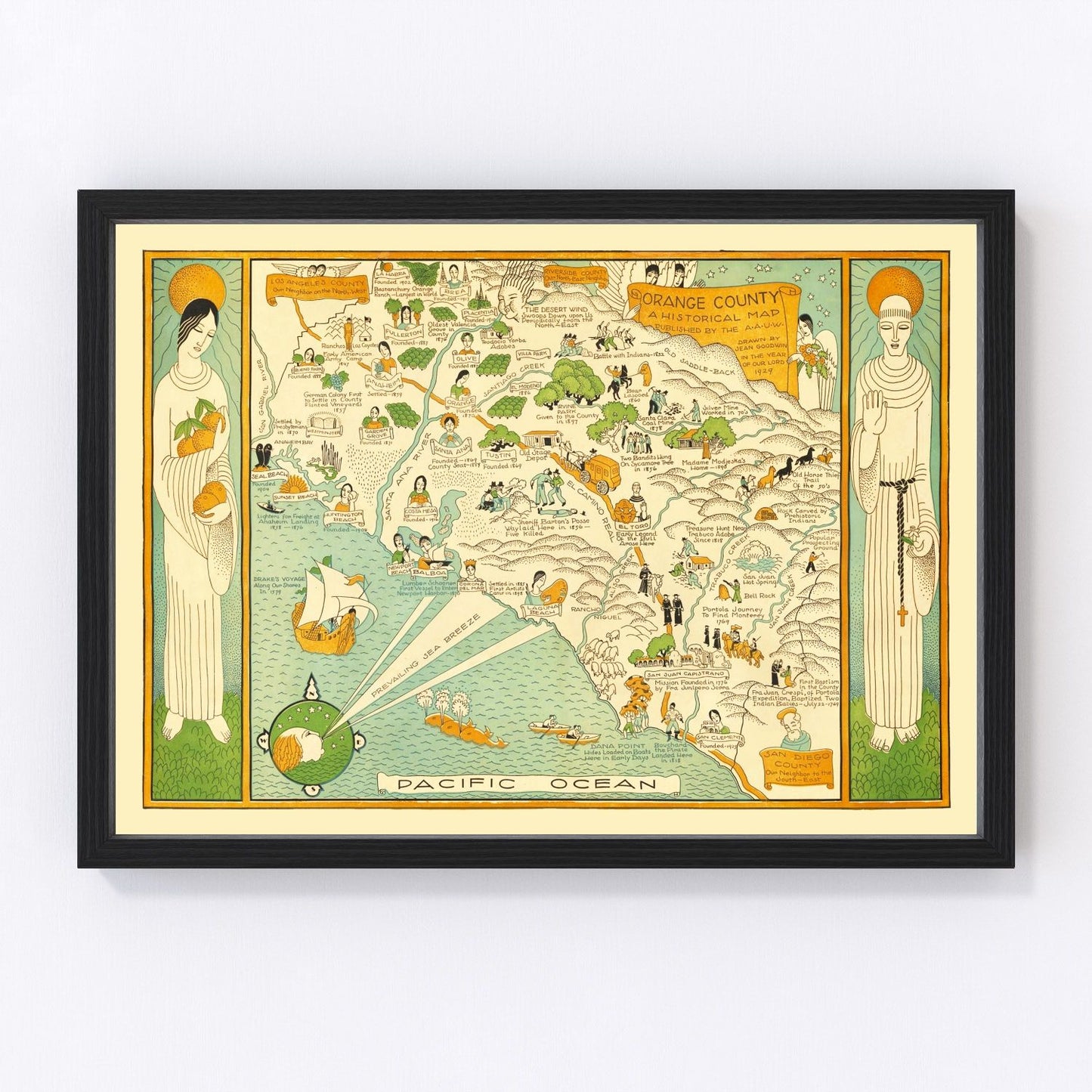 Vintage map of Orange County, California, 1929