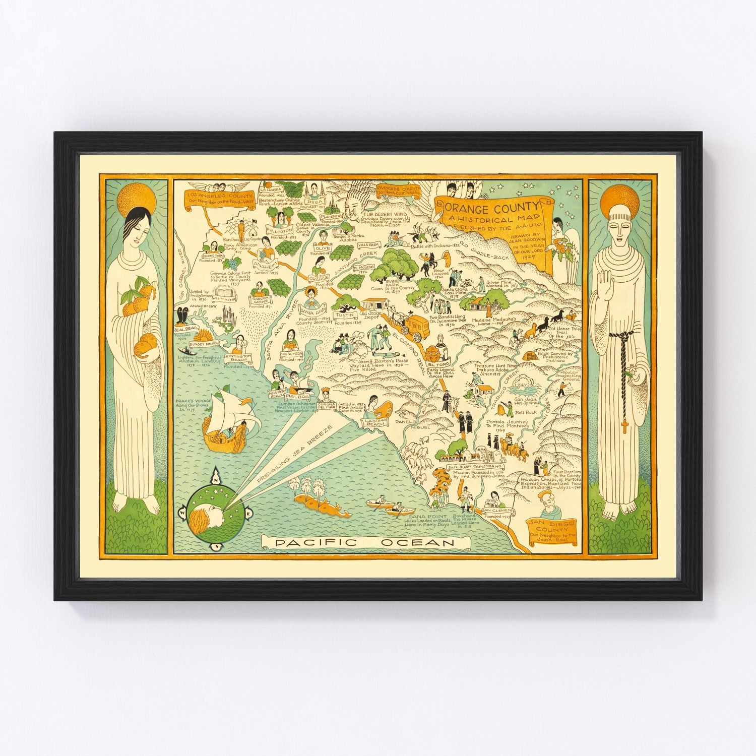 Vintage map of Orange County, California, 1929