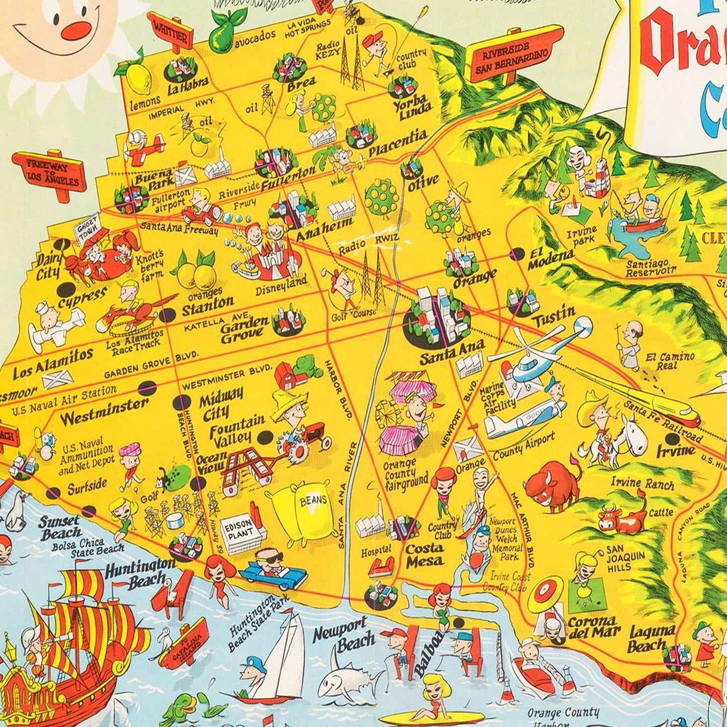 Vintage Map of Orange County, California, 1957