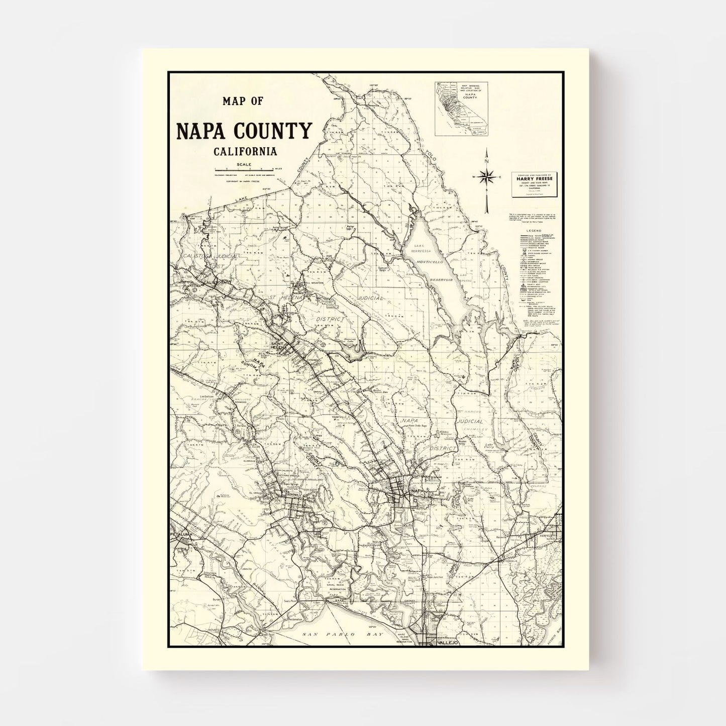 Vintage Map of Napa County, California, 1950