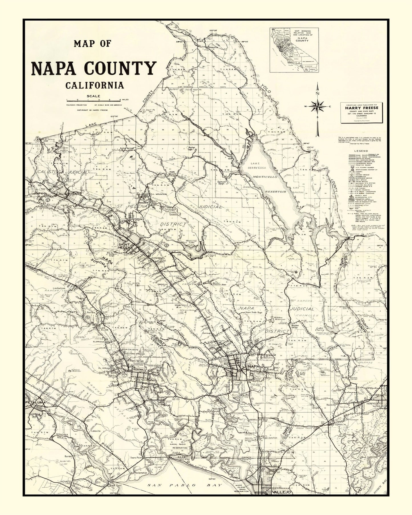 Vintage Map of Napa County, California, 1950