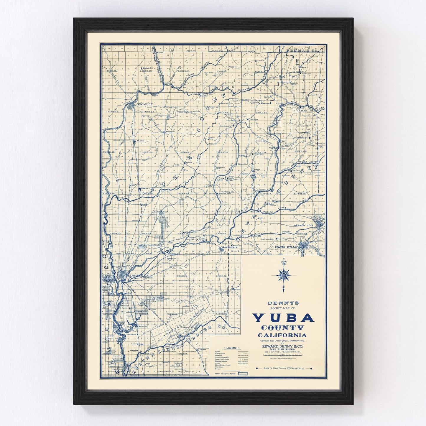 Vintage 1913 map of Yuba County California, digitally restored print