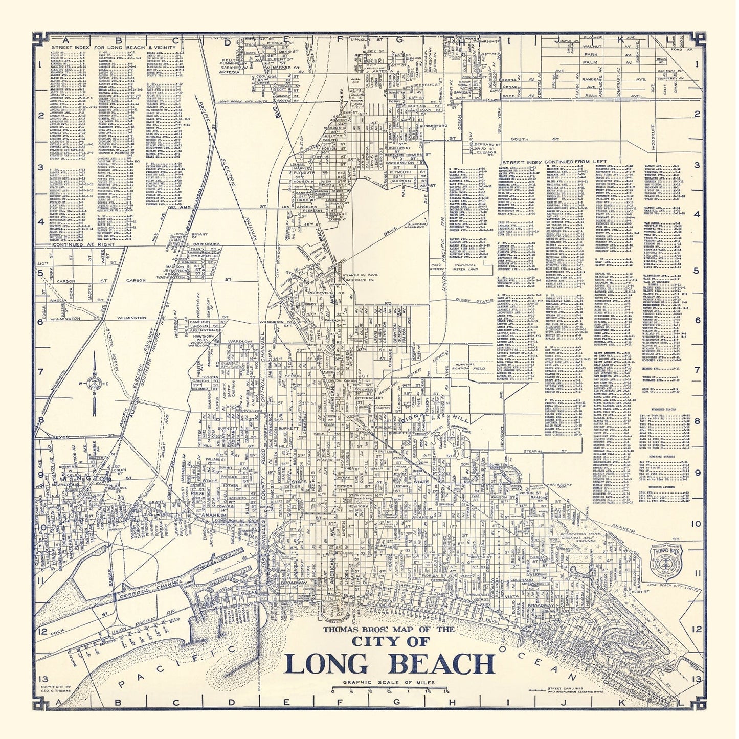 Vintage Map of Long Beach Business Section, California, 1938