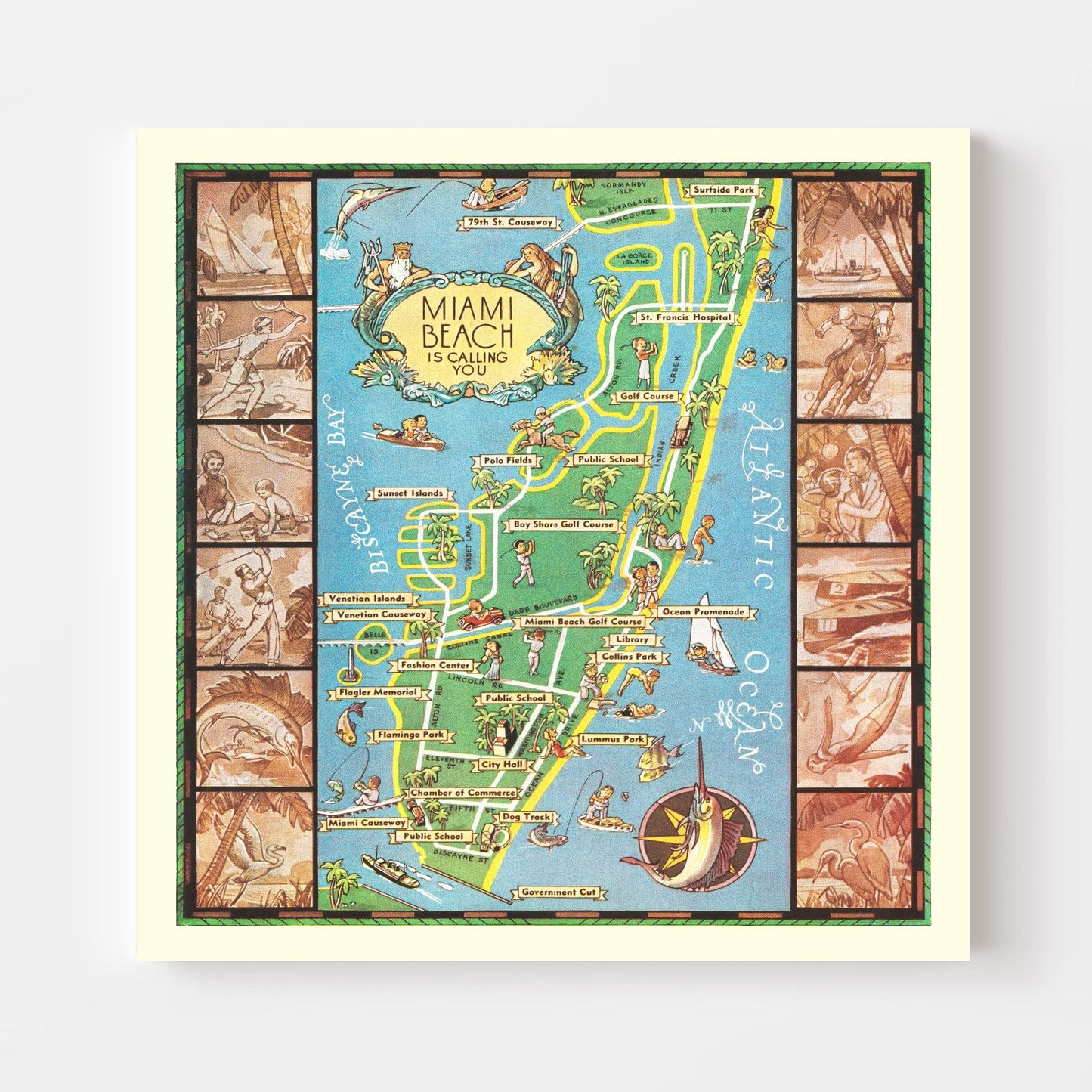 Vintage Map of Miami Beach, Florida, 1936