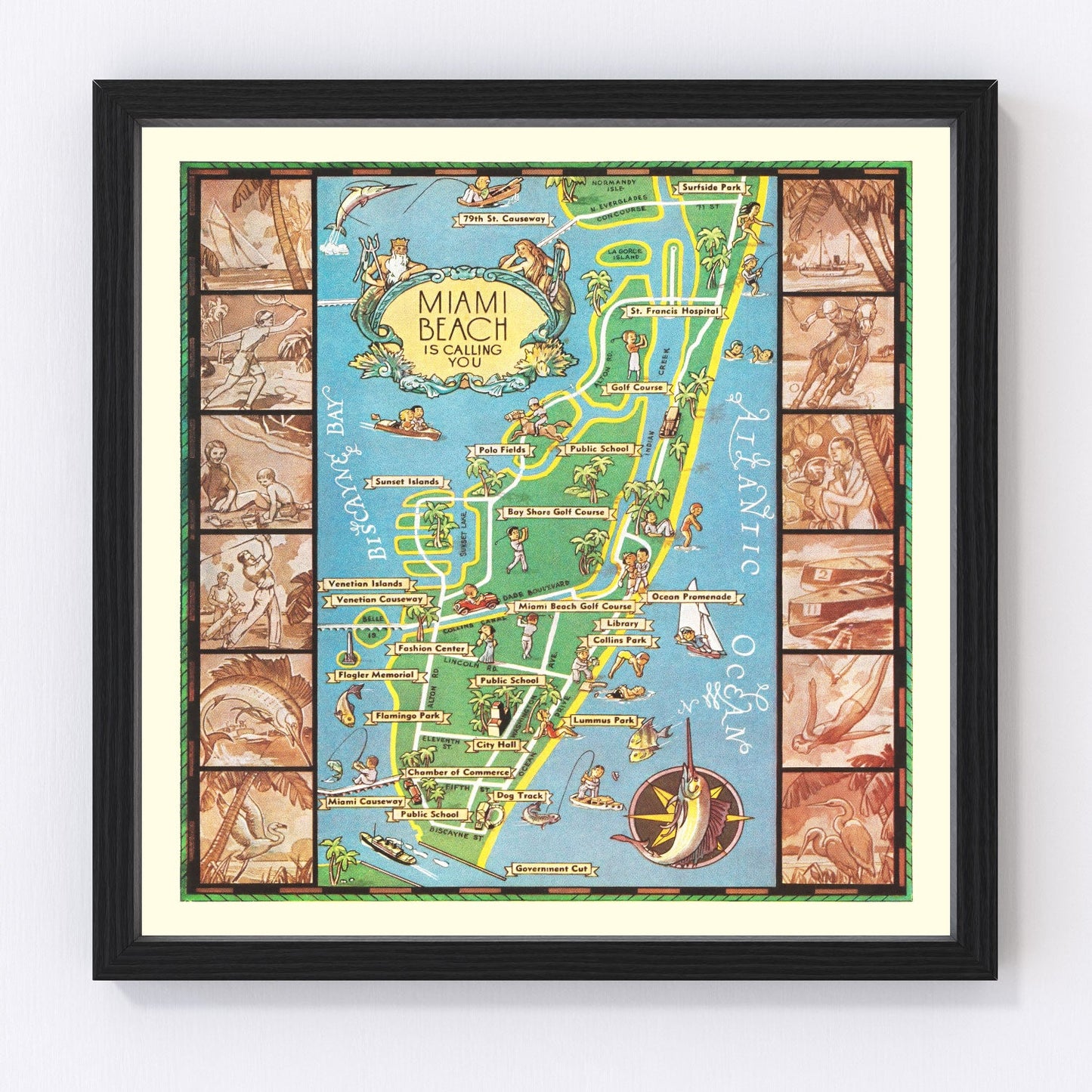 vintage map of Miami Beach, Florida, Atlantic barrier island, 1936