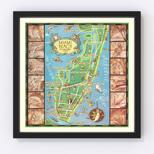 vintage map of Miami Beach, Florida, Atlantic barrier island, 1936