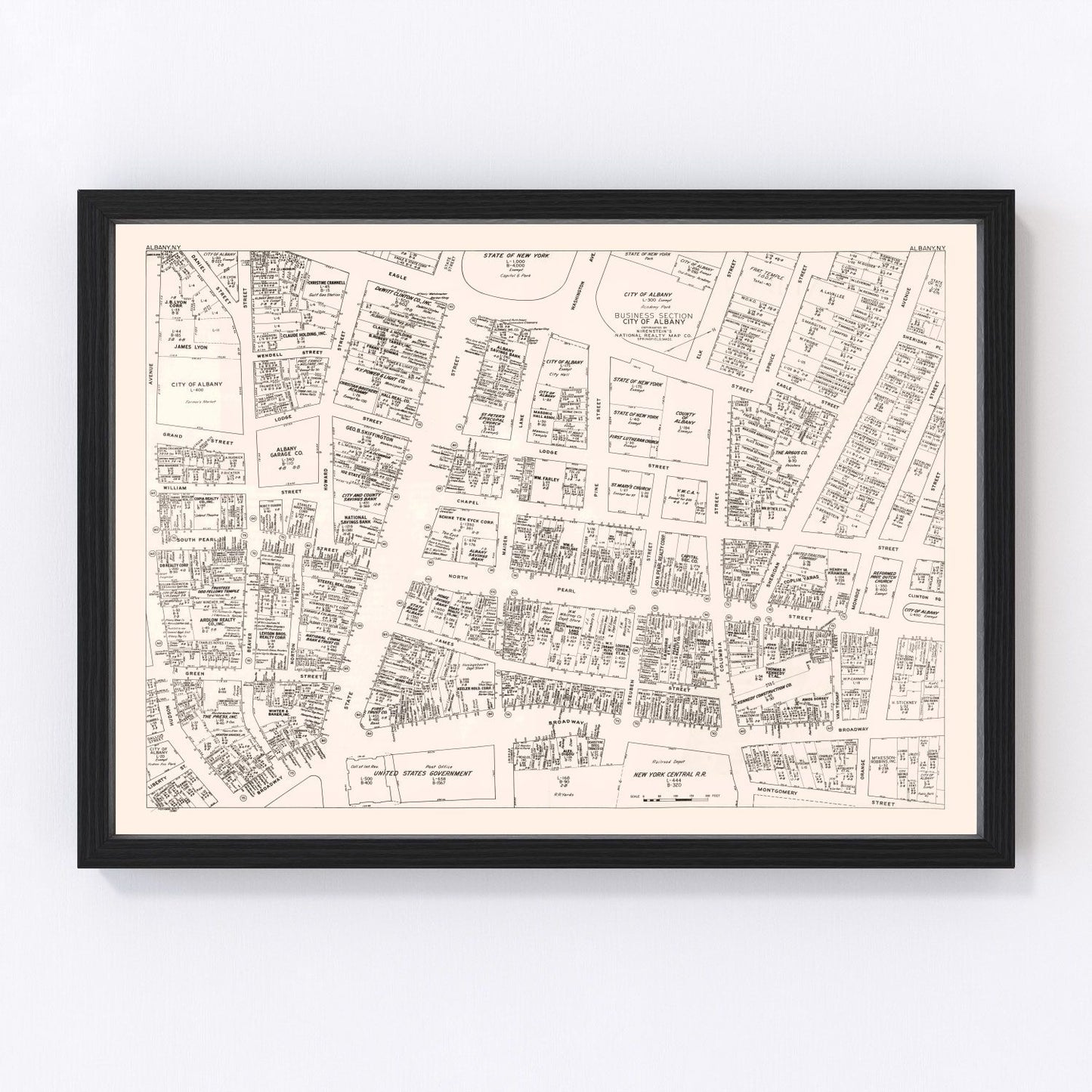 Vintage map of Albany, NY business section, 1947 - restored print