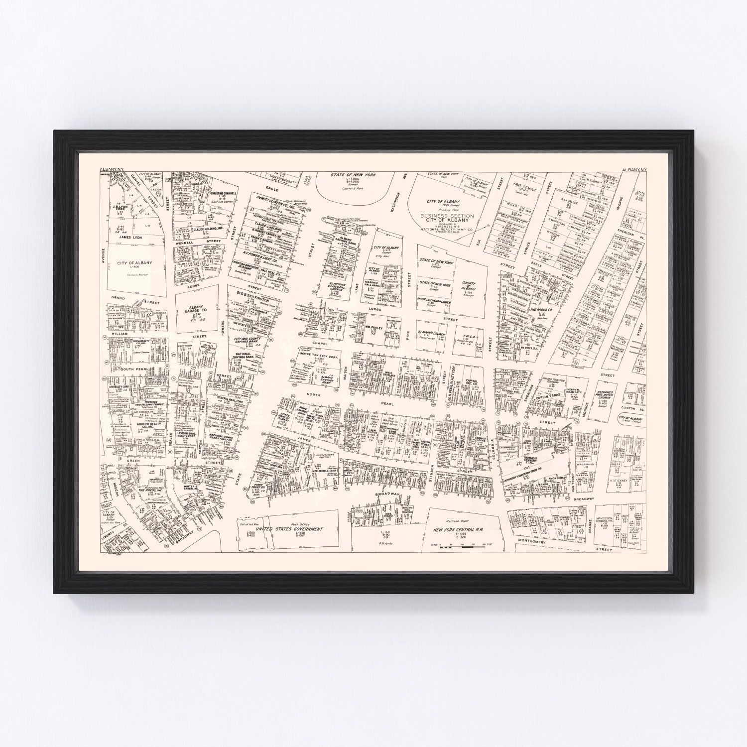 Vintage map of Albany, NY business section, 1947 - restored print