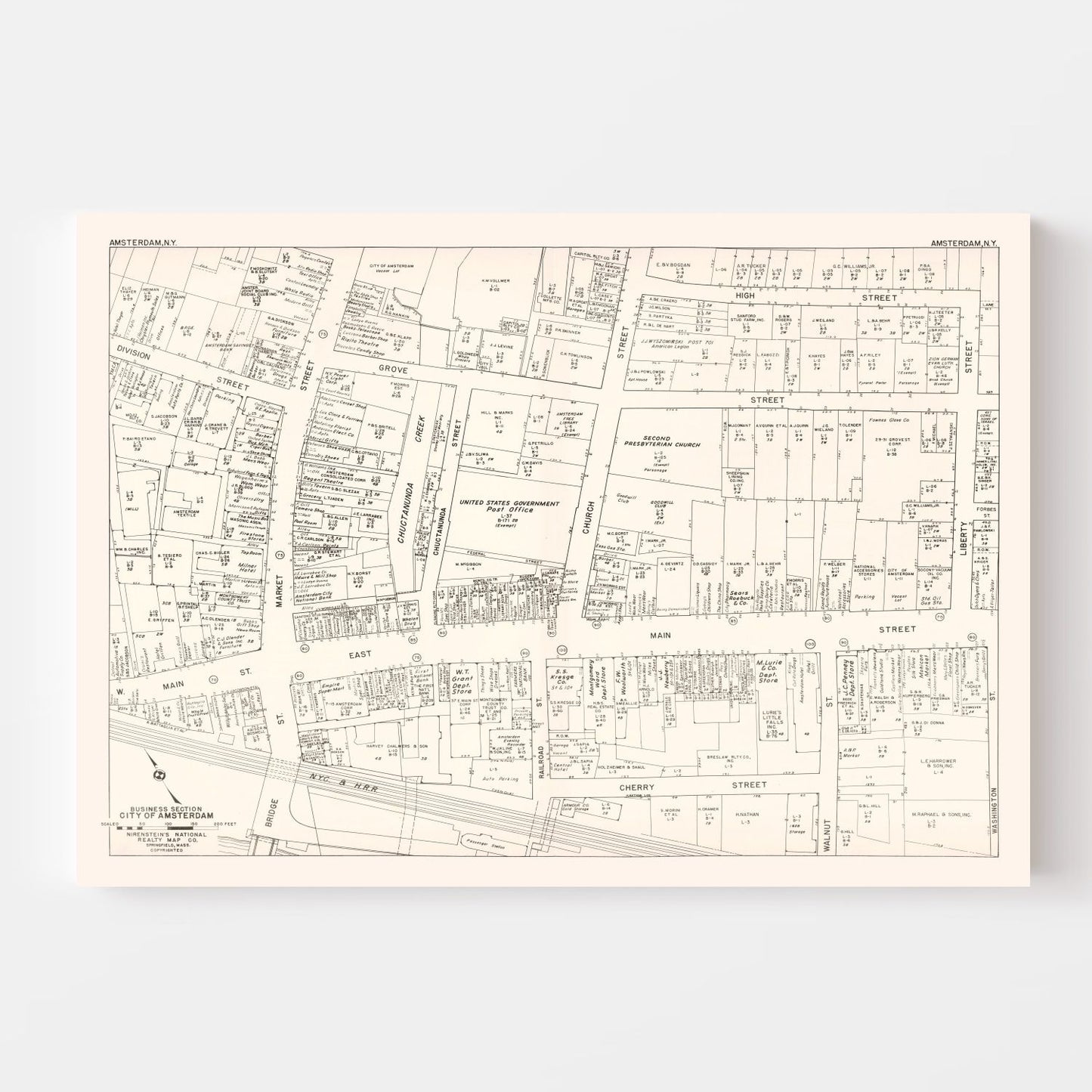 Vintage Map of Amsterdam, NY Business Section, 1947