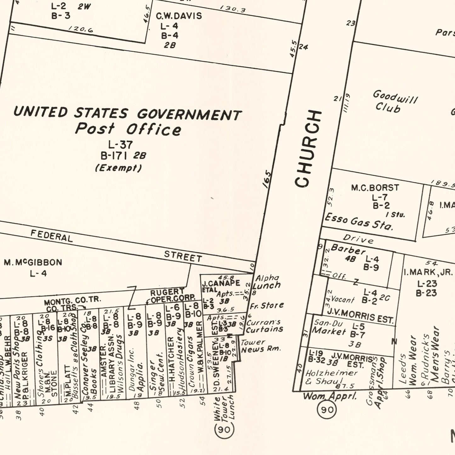 Vintage Map of Amsterdam, NY Business Section, 1947