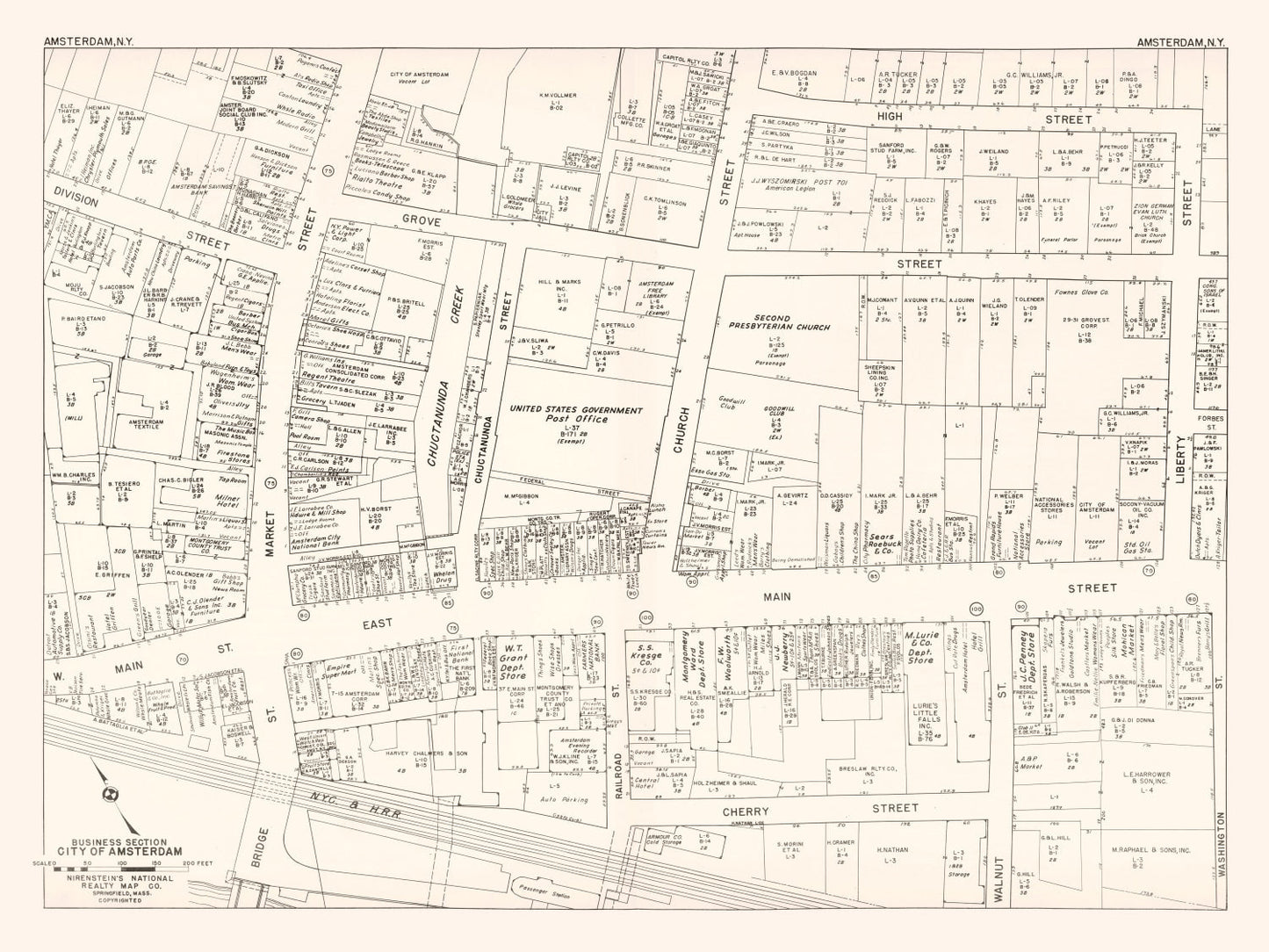 Vintage Map of Amsterdam, NY Business Section, 1947