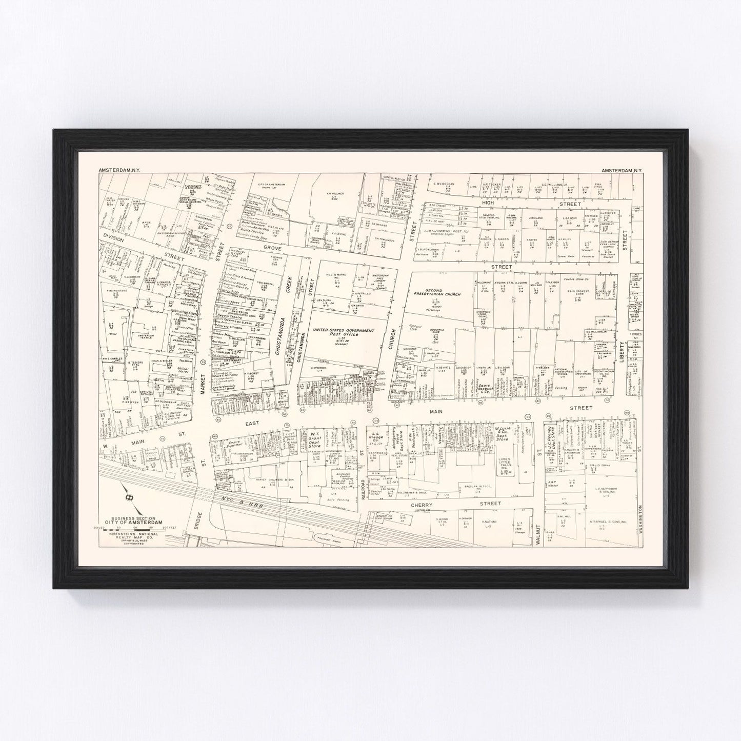 Vintage map of Amsterdam, NY business section, 1947 - restored print