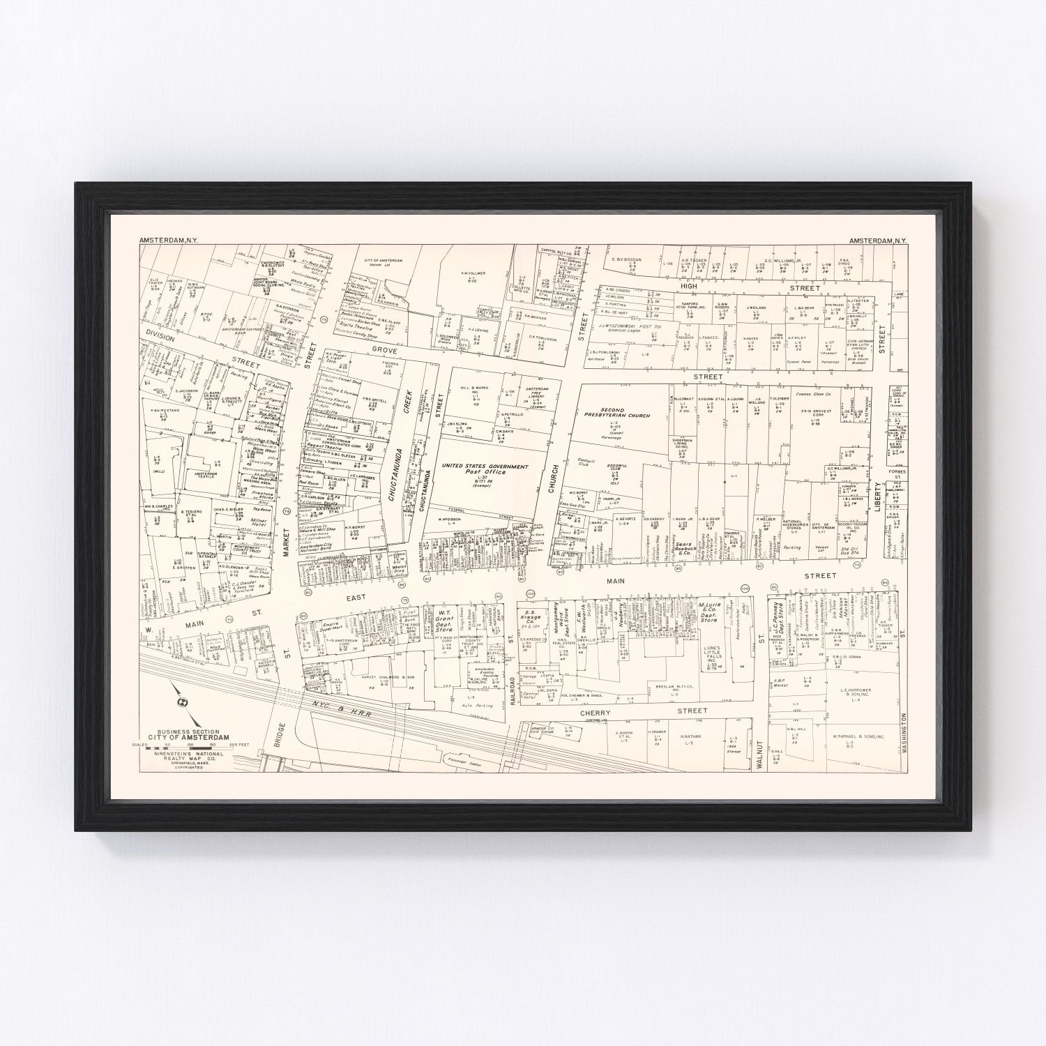Vintage map of Amsterdam, NY business section, 1947 - restored print