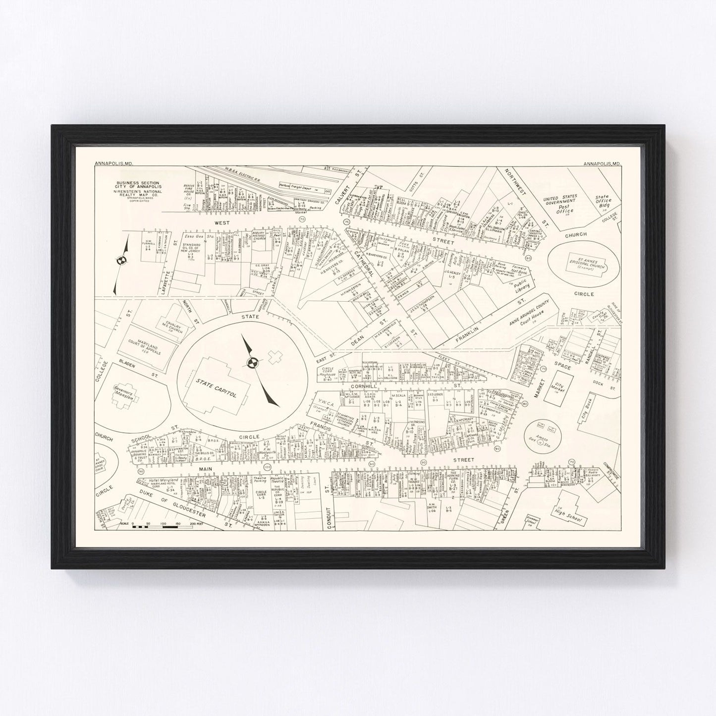 Restored vintage map of Annapolis, Maryland business section, 1947