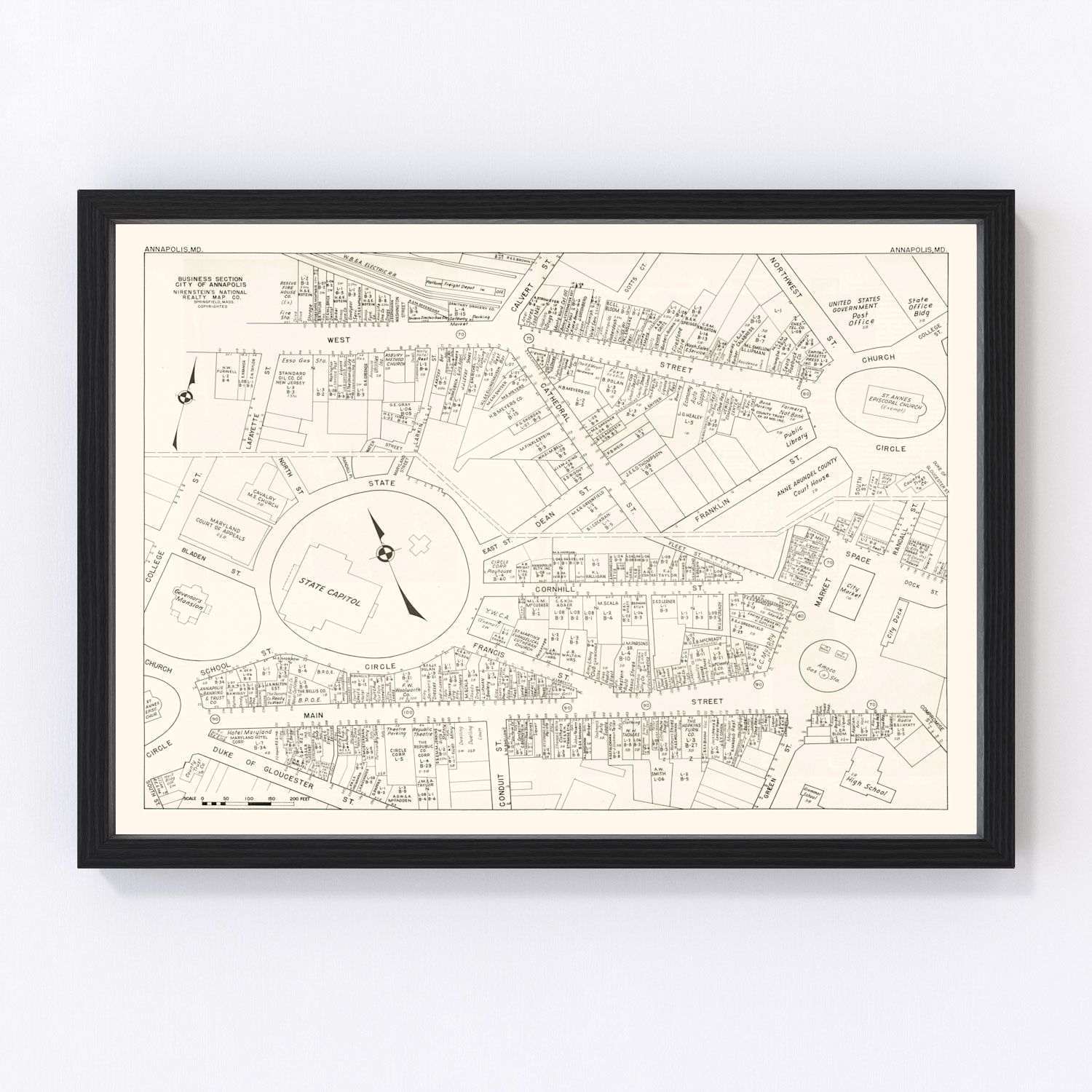 Restored vintage map of Annapolis, Maryland business section, 1947