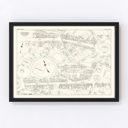 Restored vintage map of Annapolis, Maryland business section, 1947