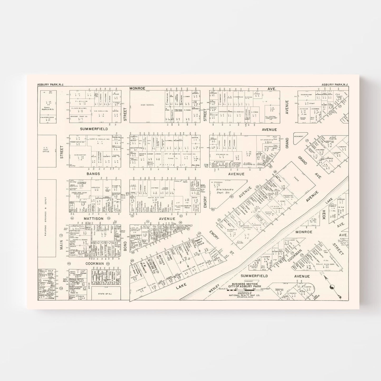 Vintage Map of Asbury Park, NJ Business District, 1947