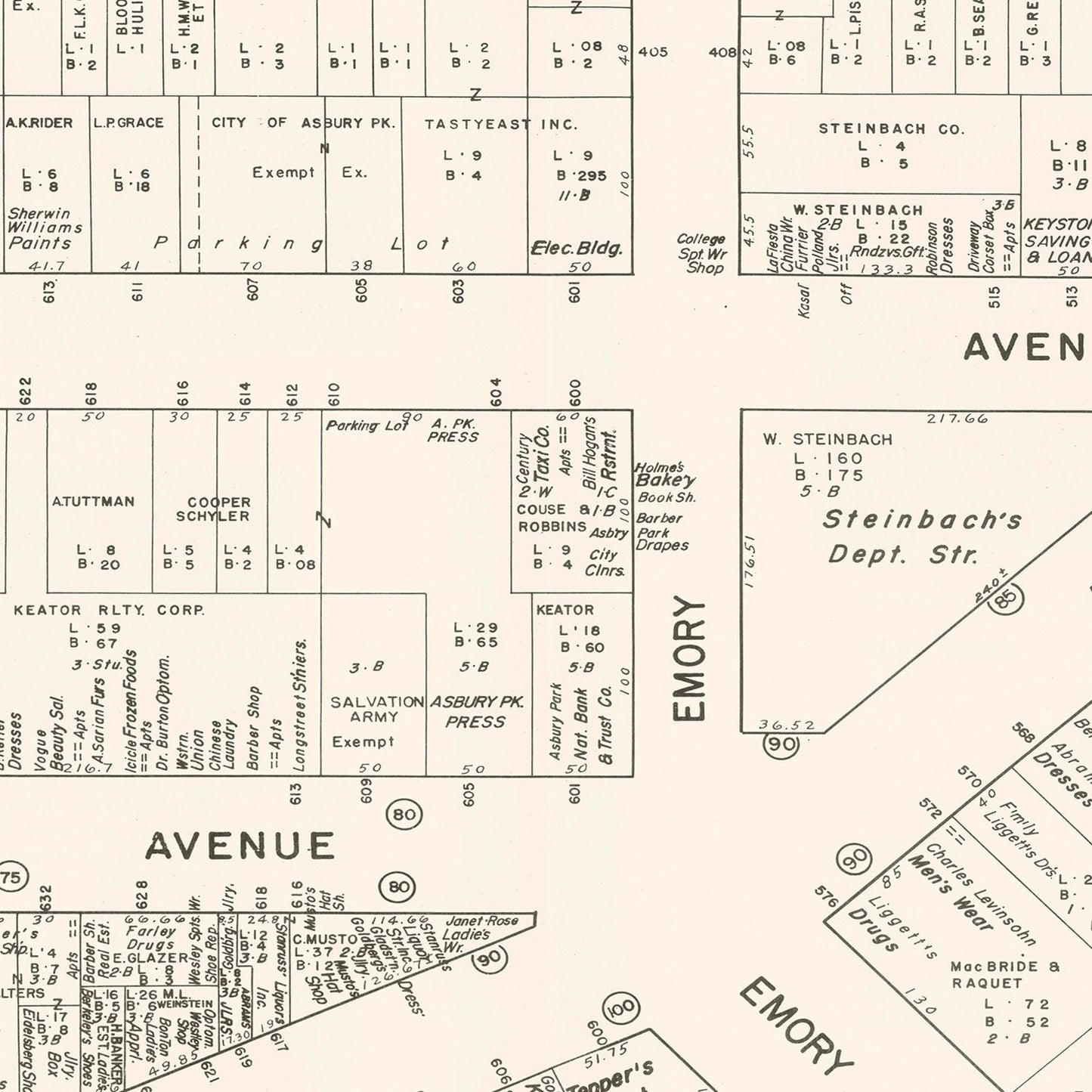 Vintage Map of Asbury Park, NJ Business District, 1947