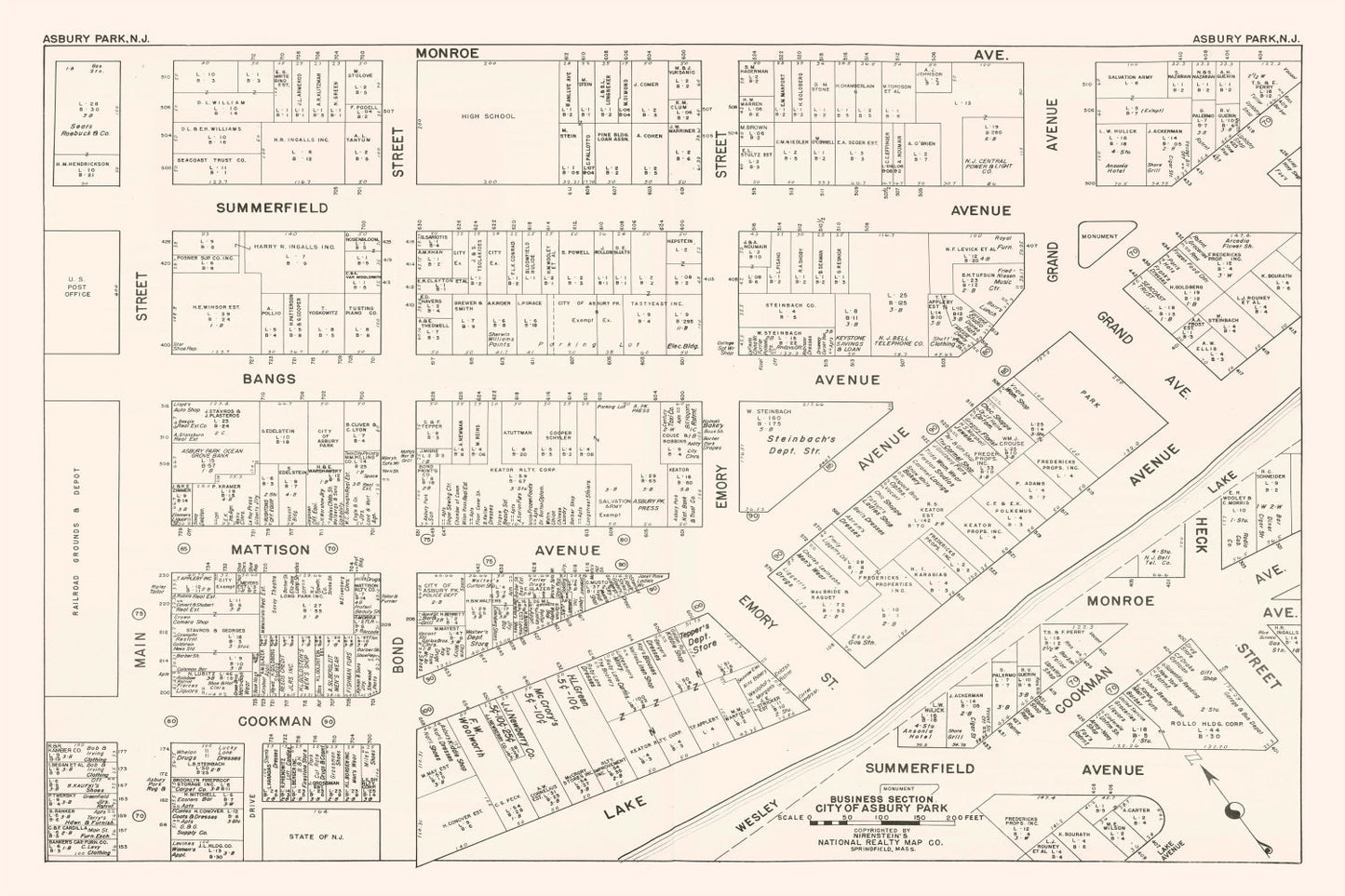 Vintage Map of Asbury Park, NJ Business District, 1947