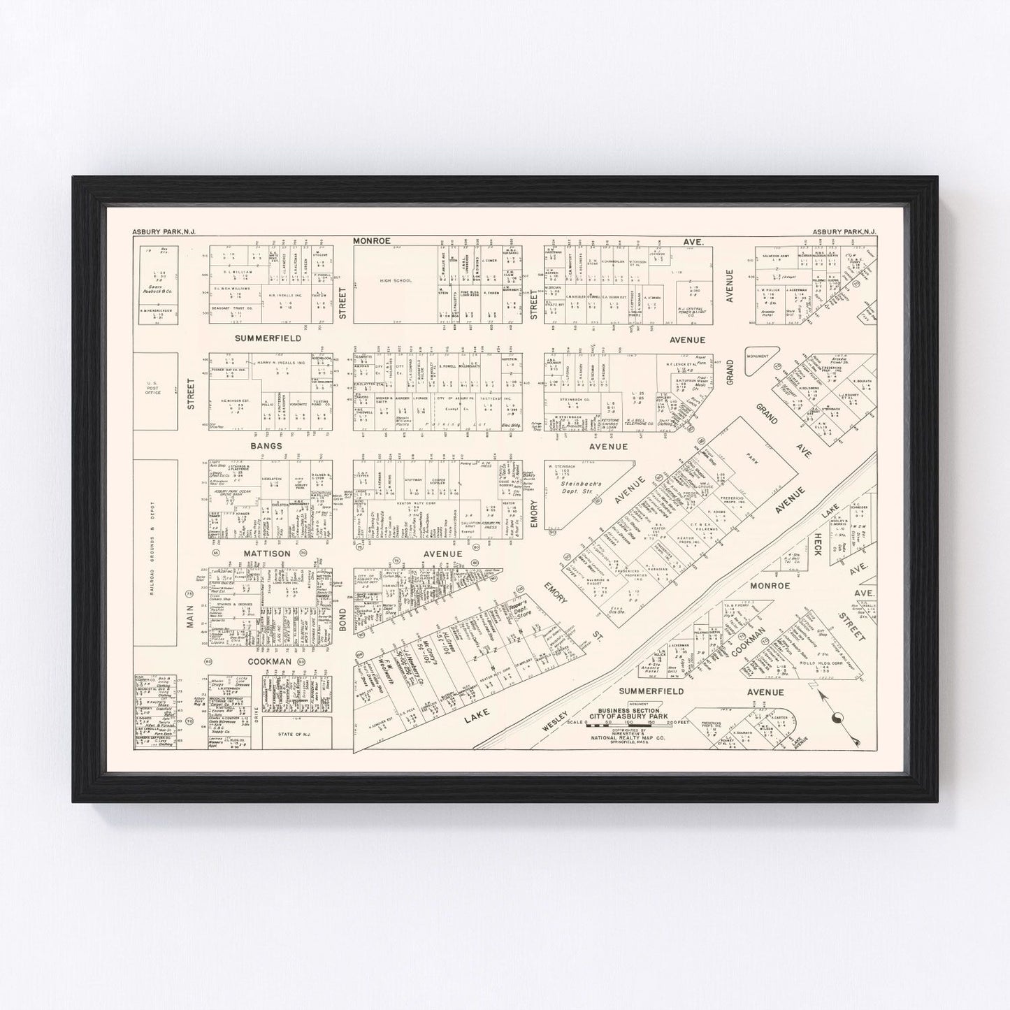 vintage map of Asbury Park, NJ business district, 1947