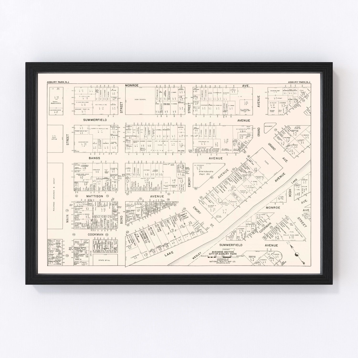 vintage map of Asbury Park, NJ business district, 1947