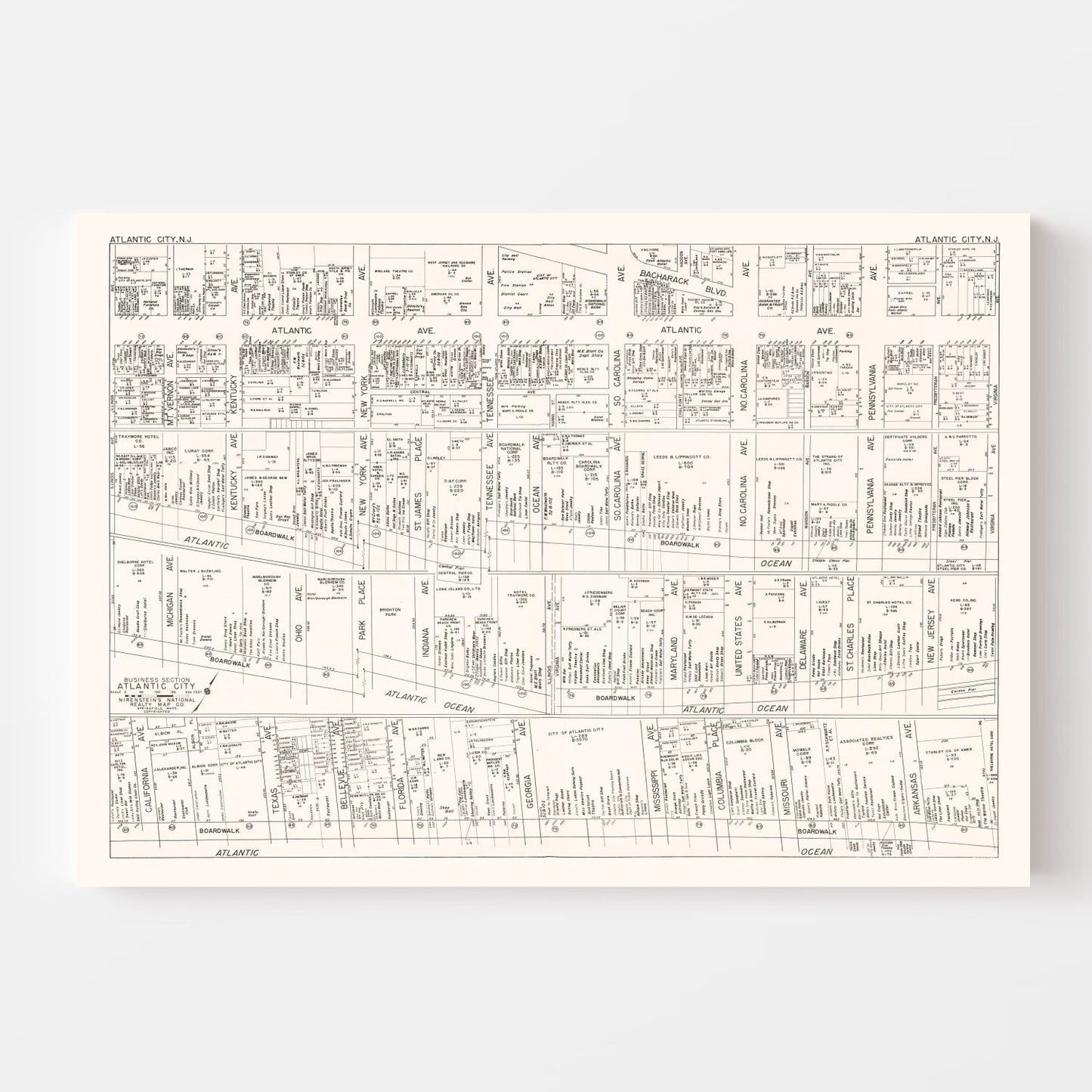 Vintage Map of Atlantic City, NJ Business Section, 1947