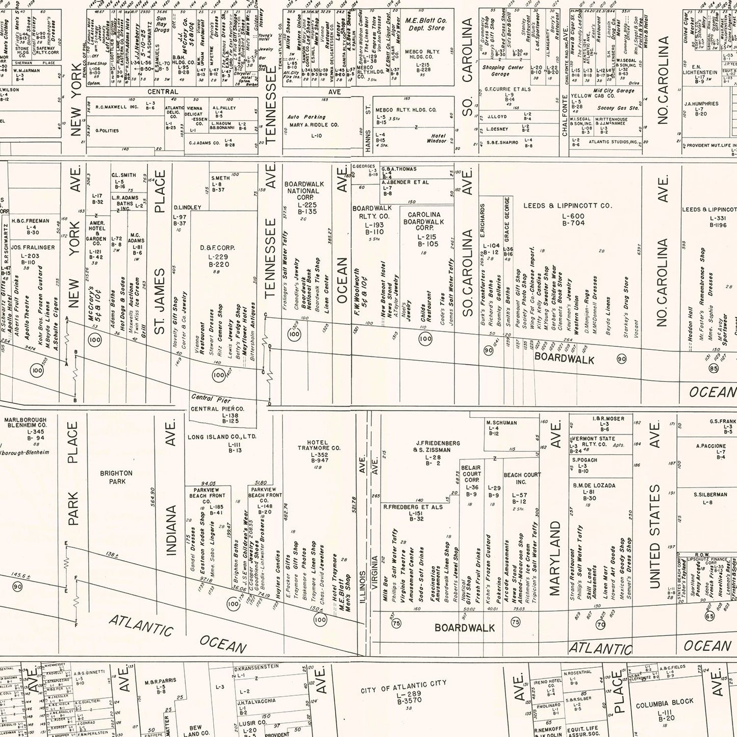 Vintage Map of Atlantic City, NJ Business Section, 1947