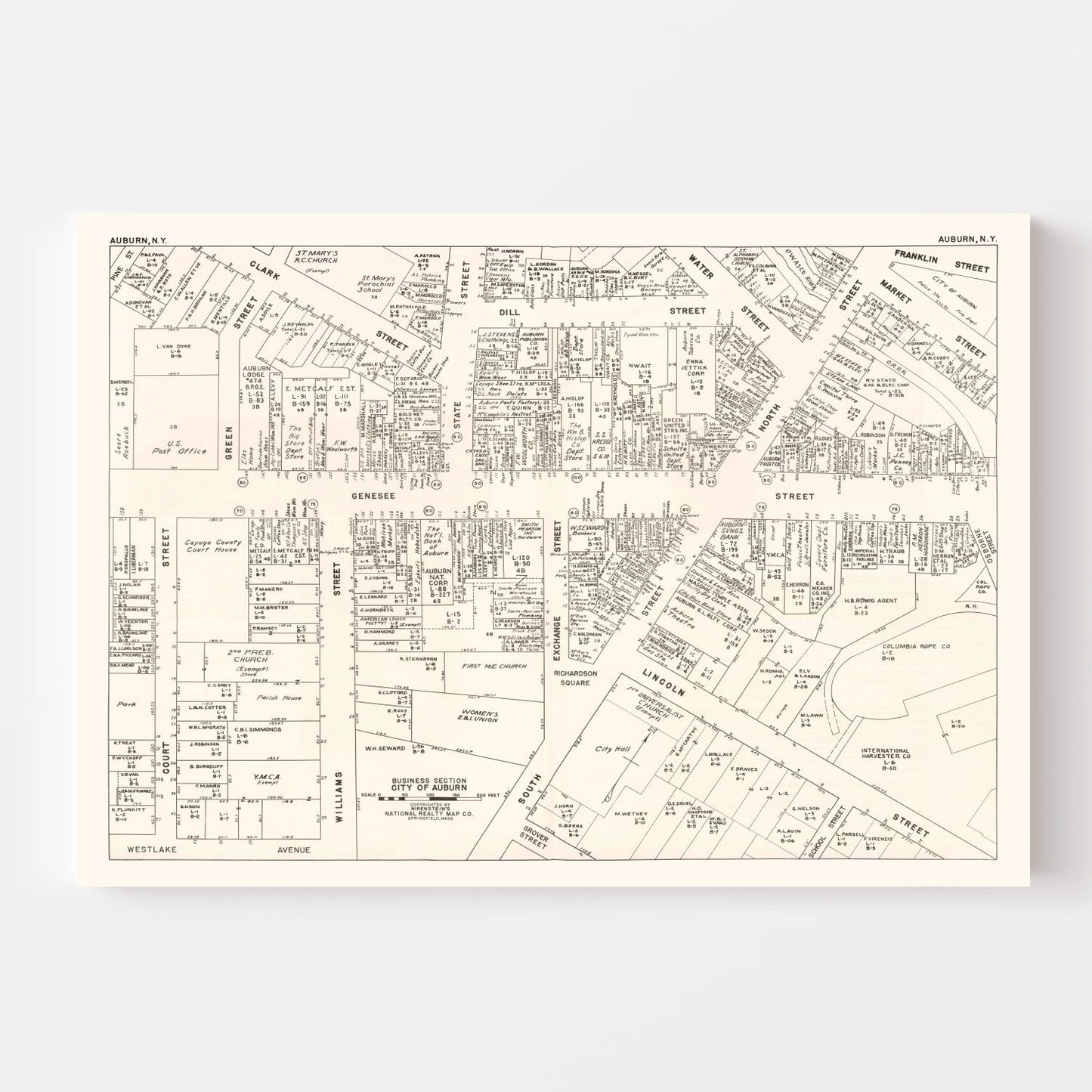 Vintage Map of Auburn, New York, Business District, 1947