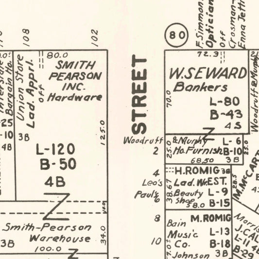 Vintage Map of Auburn, New York, Business District, 1947
