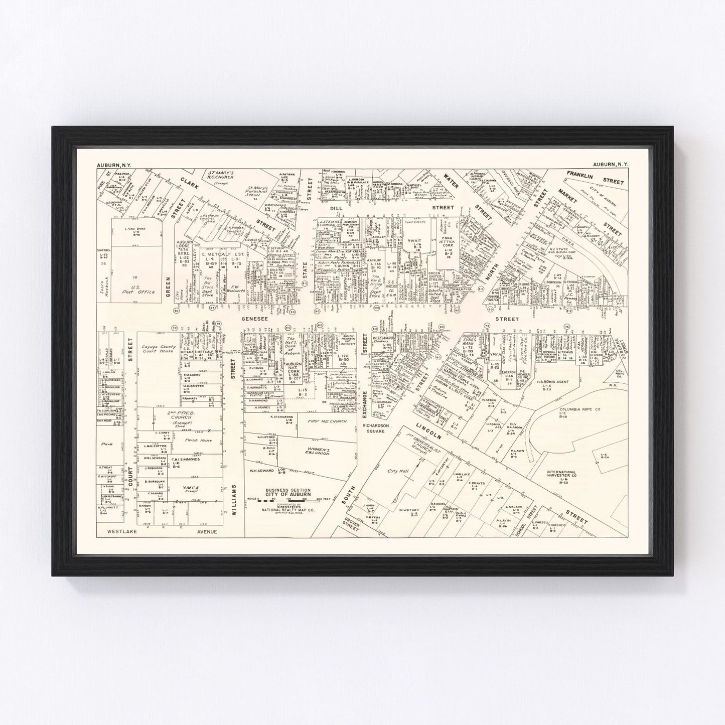 vintage map of Auburn, New York, business district, 1947