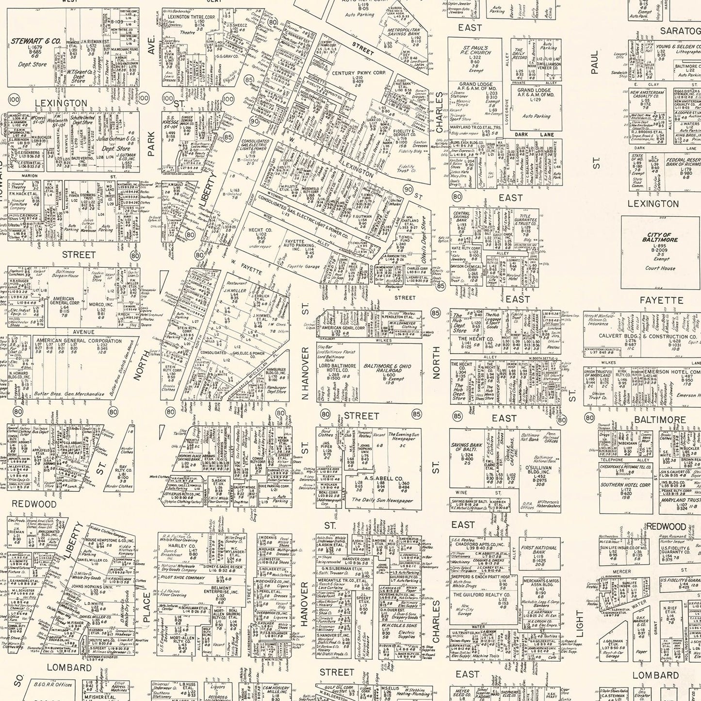 Vintage Map of Baltimore, MD Business Section, 1947