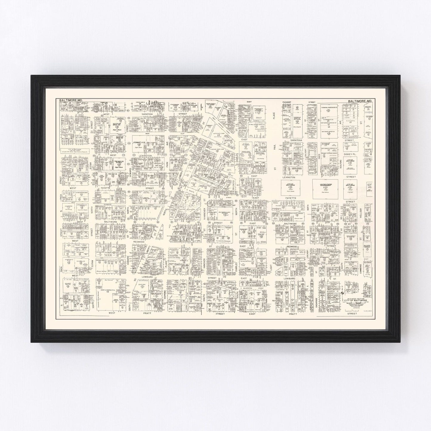 Vintage map of Baltimore, MD business section, 1947