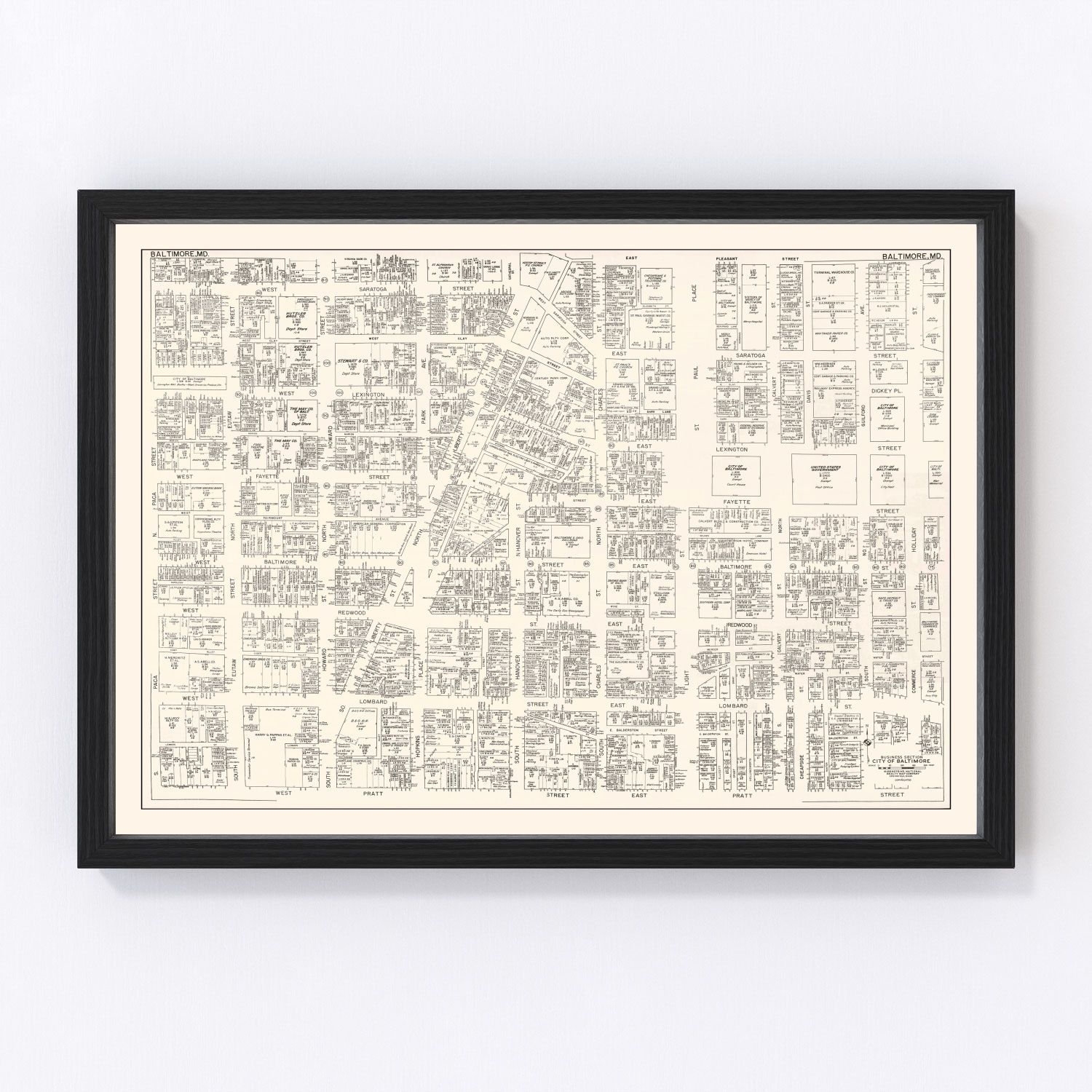 Vintage map of Baltimore, MD business section, 1947