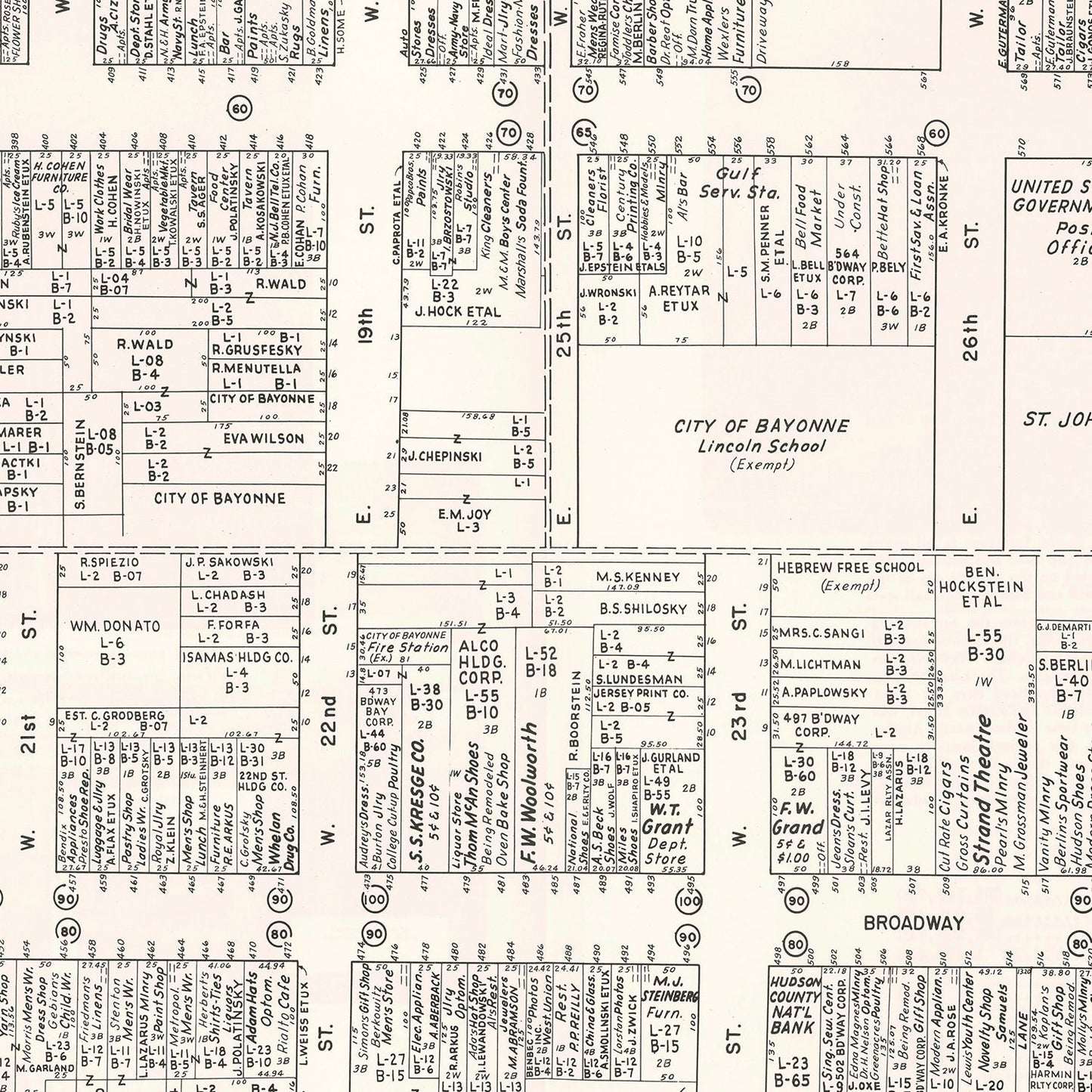 Vintage Map of Bayonne, NJ Business Section, 1947