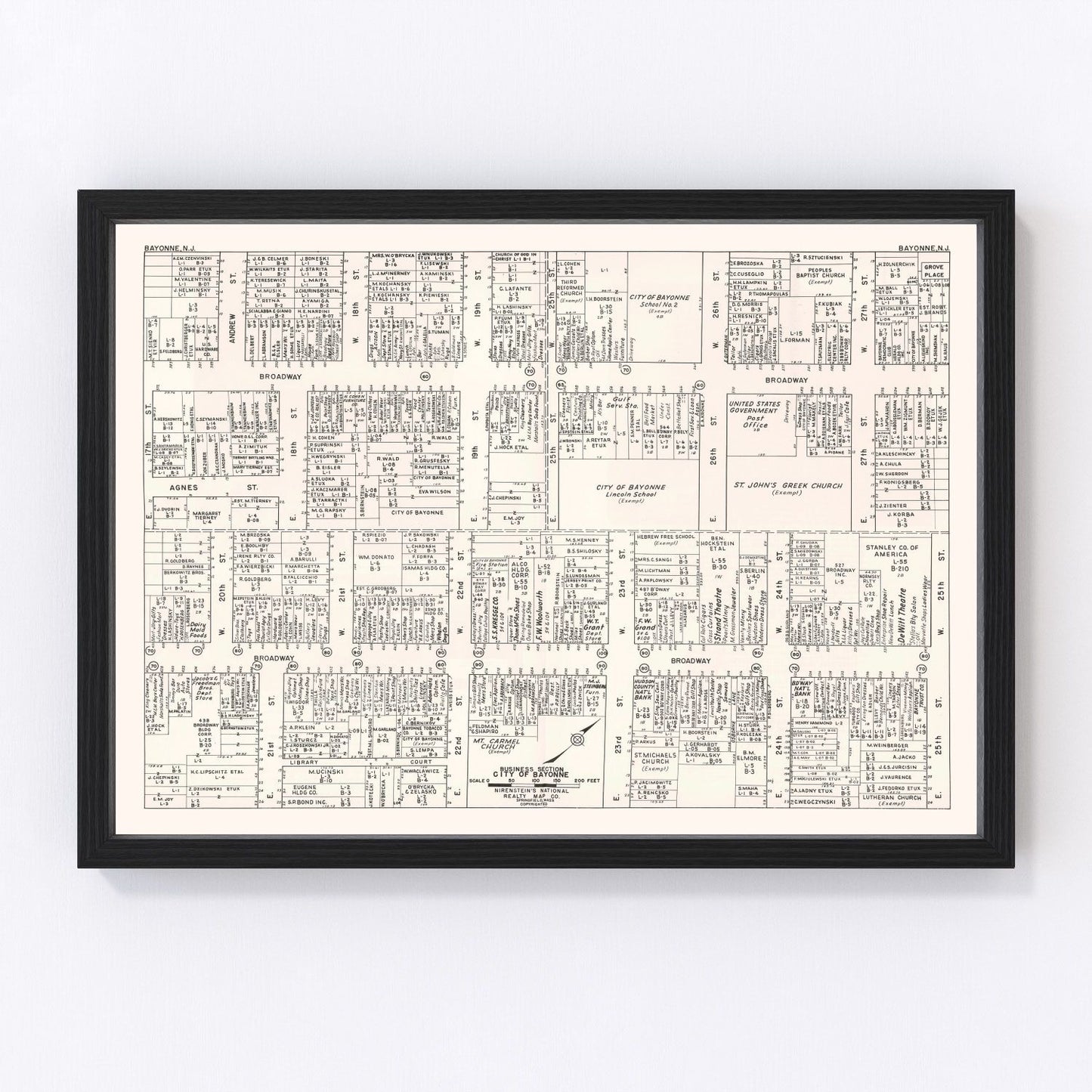 Vintage map of Bayonne, NJ business section, 1947