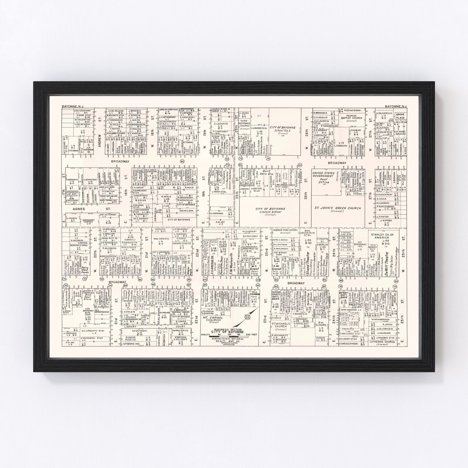 Vintage map of Bayonne, NJ business section, 1947